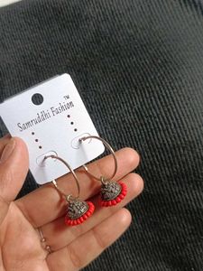 Red Beaded Jhumka Earrings