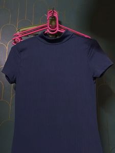 Navy Blue Ribbed Mock Neck Dress
