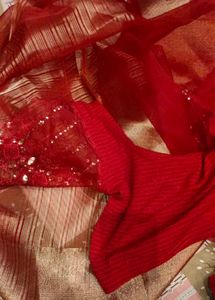 New Vibrant Red Saree with Gold Border