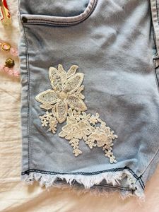 blue embroidered denim shorts