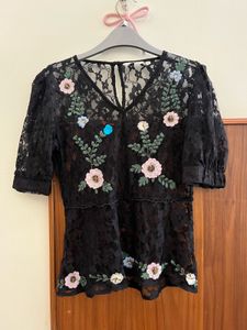 Black Lace Floral Embroidered Top