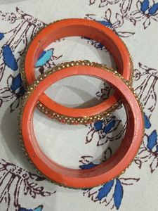 Exquisite Orange &amp; Gold Embellished Bangles
