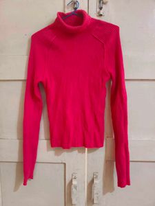 Hot Pink Ribbed Turtleneck Sweater