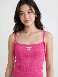 Pink Ribbed Crop Top with Heart Detail