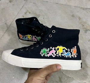 H&amp;M KEITH HARING BLUE CANVAS HIGH TOP SNEAKERS