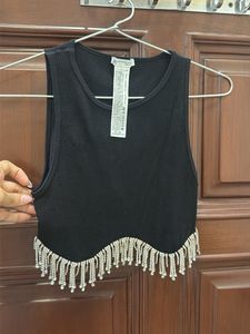 Black Crop Top with Rhinestone Fringe