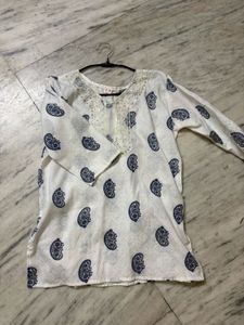 White Kurta with Blue Paisley Print