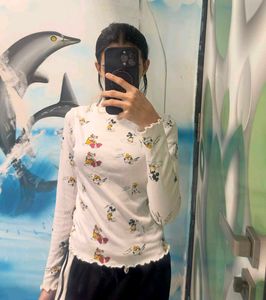 Cute Mickey Mouse print Long Sleeve White Top