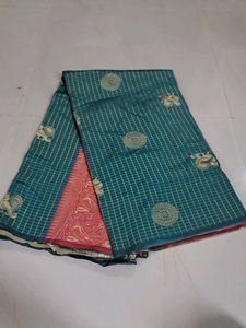 Teal Green Silk Saree with Pink Border