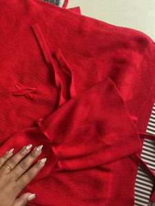 Chic Red Ribbed Bell Sleeve Sweater