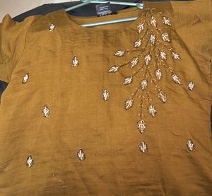 Beautiful Mustard Golden Stiched Pearl kurta