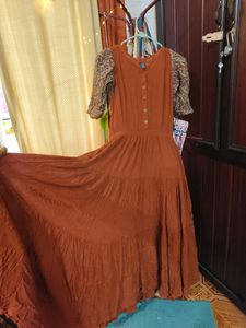 Rust Ajrakh Puff Sleeve Gown