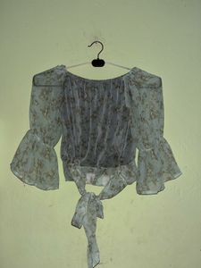 Sheer Floral Bell Sleeve Wrap Top
