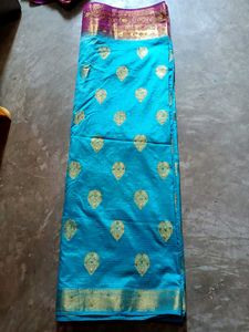 Beautiful sky Saree with rich border&amp;ready Blouse