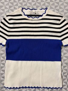 Striped Ribbed Knit Top with Scallop Trim
