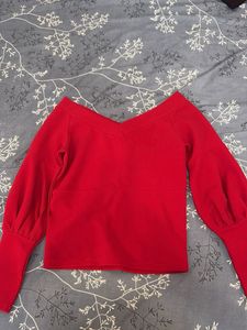 Red Off-Shoulder Balloon Sleeve Top