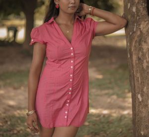 Chic Pink Button-Down gingum check Dress