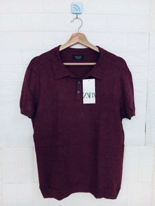 Zara Men's Burgundy Knit Polo Shirt