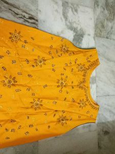 Yellow Embroidered Sleeveless Kurti