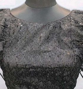 Black Sequined Ruffled Blouse