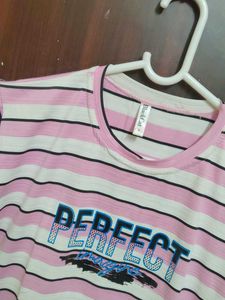 Striped Pink T-Shirt with "Perfect" Graphic