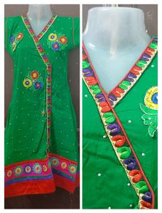 Green Embroidered Angrakha Style Kurta