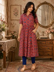 🇳🇿💫🎀Red Printed Collared Kurta.