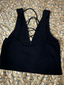 Black Lace-Up V-Neck Crop Top