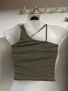 Olive Green One-Shoulder Graphic Top