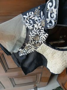 UNSTICHED.  Elegant Black &amp; cream Embroidered Blou