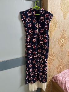 Navy Floral V-Neck Dress with Gold Buttons