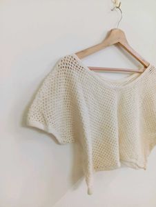 Cream Cropped Mesh Top