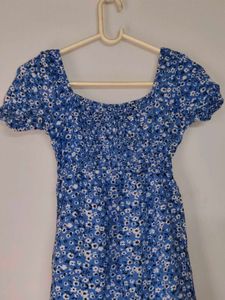 Blue Floral Print Puff Sleeve Mini Dress