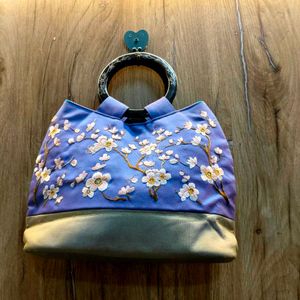 Embroidered Silk Handbag with Bamboo Handle