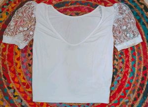 White Crop Top With Emproid Sleeves