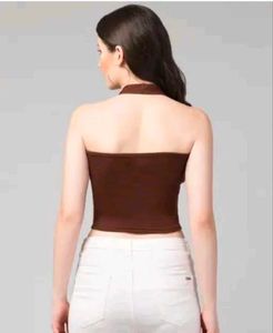 Brown Ribbed Halter Neck Crop Top
