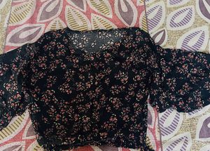 Black Floral Bell Sleeve Top