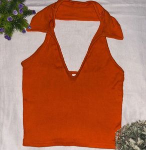 Orange Ribbed Halter Neck Top
