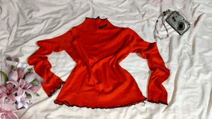 Chic Red Mock Neck Long Sleeve Top