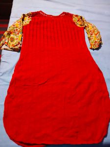 Vibrant Red Kurta with Floral Sleeves