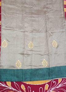 Elegant Metallic Grey Saree with Gold Motifs
