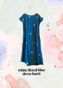 White Floral Printed Blue Kurti - Size L