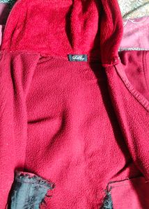 Red Hooded Zip-Up Jacket with Buttons