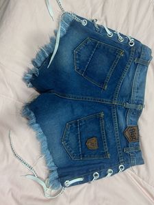 Distressed Denim Lace-Up Shorts