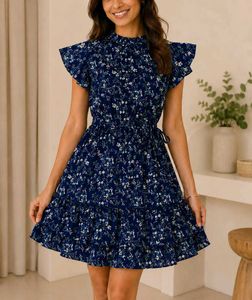 Navy Blue Ditsy Floral Flutter-Sleeve Dress