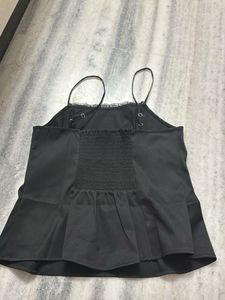 Black satin cami top with lace trim
