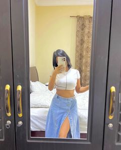 Denim Button-Front Slit Midi Skirt