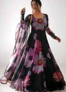 Floral Print Anarkali Suit organza fabric