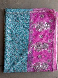 Beautiful Blue & Pink Saree with Embellishments