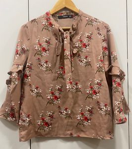 Madame Women Brown Floral Print Tie-Up Neck Top